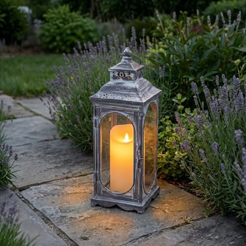 TRIROCKS Vintage Candle Lanterns 14''H Decorative Outdoor Lantern Metal Candle Holder with Tempered Glass for Home Living Room Garden Yard Parties Event Indoors Outdoors (Grey) - Image 6
