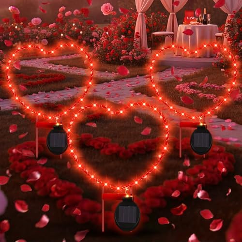 Retisee 3 Pcs Valentines Red Heart Shaped Solar Lights Metal Solar Decorative Lamps with Stakes for Garden Yard Path or Landscape Light Outdoor Decor, 12.7 x 9.3 Inch by Retisee