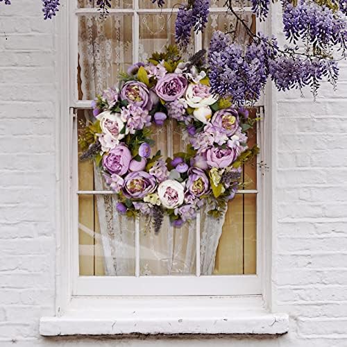 BOMAROLAN Artificial Peony Flower Wreath 19Inch Vintage Blooming Silk Peonies Spring Summer Fall Winter Large Wreaths Flower Green Leaves for Outdoor Front Door Indoor Wedding Wall Or Window Décor - Image 2