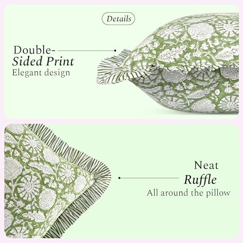 CPC Olive Bloom Hand Block Print 100% Cotton Ruffle Throw Pillow Cover 18x18 inch with Hidden Zipper Decorative for Couch, Bed, Sofa, Farmhouse, Cottagecore Decor Gift Christmas Fall Thanksgiving - Image 2