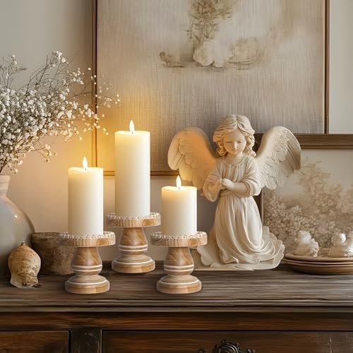 Small Candle Holder for Pillar Candle Set of 3, Farmhouse Wood Candle Holder, Rustic Wooden Candle Stand, Vintage Candle Stand Decorative for Living Room, Table Centerpiece, Washed Brown - Image 5