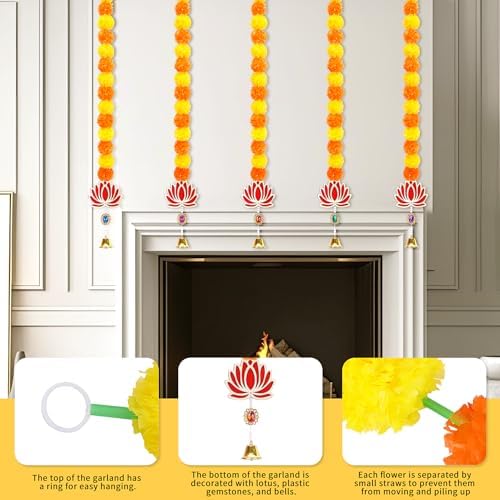5PCS Artificial Marigold Garland with Lotus and Bell for Diwali Decoration, Marigold Long Strands for Indian Wedding Pooja Puja Decor, Flowers Garland for All Year Decoration - Image 3