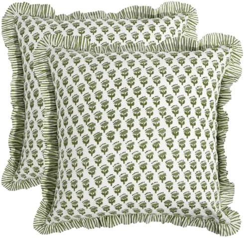 CPC Block Print Ruffle Throw Pillow Cover Emerald Green 24"x24", Pack of 2 by COTTONPRINTCLUB