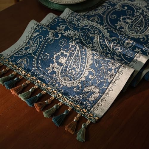 Spring Floral Table Runner 95in Long - Nordic Tail Blue Embroidery Jacquard with Tassels, Elegant Easter & Mother's Day Decor for Farmhouse Dining Table, Wedding & Dresser (Tail Blue, 13.7"x95") - Image 2