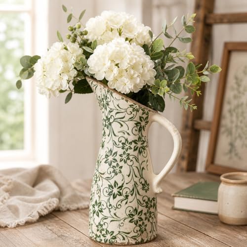 10" Farmhouse Pitcher Vase – Tuscan Green Scroll Ceramic Vase with Handle, Vintage Floral Decorative Jug for Kitchen Counter, Table, Mantel Decor by SincereLuxe