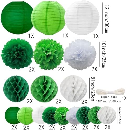WOLHOWLTD 33 Pcs Green White Paper Lanterns, Pompoms, Honeycomb Decorations for St. Patrick's,Safari,Jungle,Dinosaur Theme Birthday Home Party Decoration(Green White) - Image 2