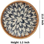 Round Rattan Tray with Mother of Pearl Inlay, Rattan Serving Tray with Wooden Base, Decorative Wicker Basket for Table Decor, Storage and Display of Coffee Bread Food Fruit (Plume) - Image 6