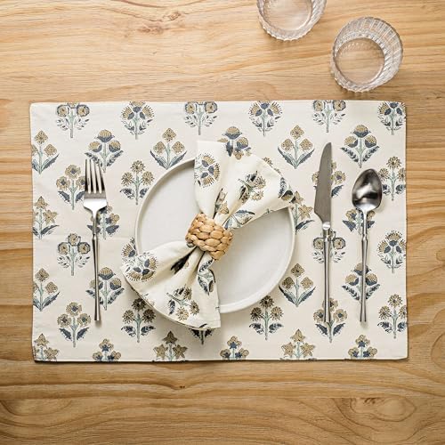 Block Print Floral Decorative Placemats Set of 6, Latte - Image 4