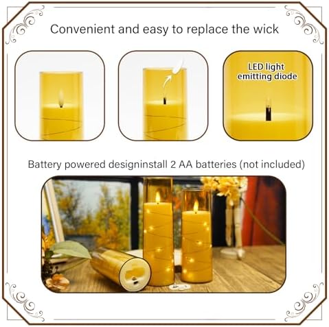 Nimiko Flickering Flameless LED Candles,Battery Operated Candles 9 Pcs with Embedded Star String,Acrylic LED Pillar Candles with Remote,Suitable for Home Decoration to Create an Atmosphere（Gold） - Image 2