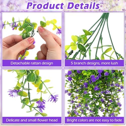 Hotop 6 Pcs Artificial Hanging Plants Ivy Vine with Flowers, Purple - Image 3