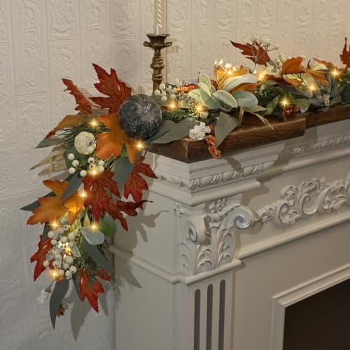 Realistic Fall Garland for Mantle 6 Ft Fall Maple Leaves Garlands with Lights/Timer Pumpkin Garland for Thanksgiving Outdoor Indoor Table Fireplace Autumn Decor Fall Decorations for Home Porch - Image 5