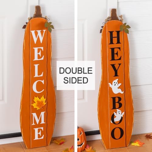 Glitzhome Fall Reversible Wood Pumpkin Porch Sign – 36" Dual-Sided Welcome Design with Autumn Leaves，Flips to Hey Boo for Halloween Entryway - Image 4