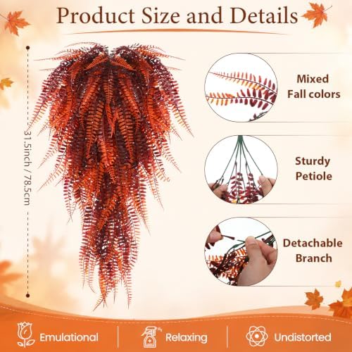 Daifunli 12 Pcs Artificial Fall Hanging Plants Fake Hanging Ferns Plastic Autumn Faux Plants for Wall Room Garden Garland Indoor Outdoor Decor No Basket (Fall Boston) - Image 2