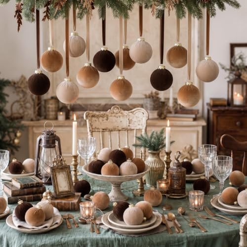 Simgoing 15 Pcs Neutral Velvet Christmas Ball Ornaments 3.15 Inch Brown Beige Polka Dot Flocked Xmas Ornaments with 10 Yards Velvet Ribbon Baubles Shatterproof Christmas Decoration for Holiday - Image 4