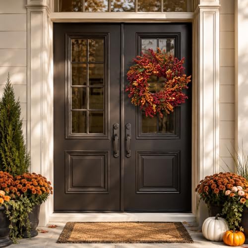 22 Inch Lighted Fall Berry Wreath with Timer Red and Orange Berries - Image 7