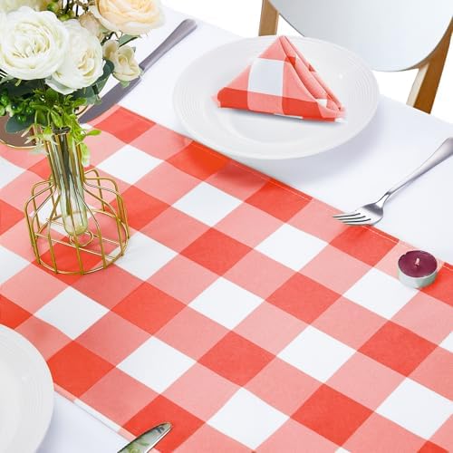 Cupuamon Fabric Checkered Table Runner 12 Pack Waterproof Gingham Table Runner 14W x 108L Buffalo Check Table Runners for Parties Kitchen Dining Wedding Banquet (Red and White) - Image 5
