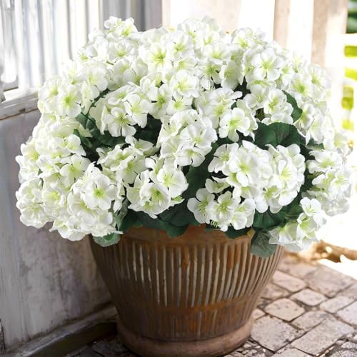 Hananona 12 Pcs Artificial Geranium Flowers for Outdoors Geranium White Silk Flowers Outdoor UV Resistant Garden Plants Faux Flowers for Home Kitchen Table Centerpieces Decor (12, White) by HANANONA