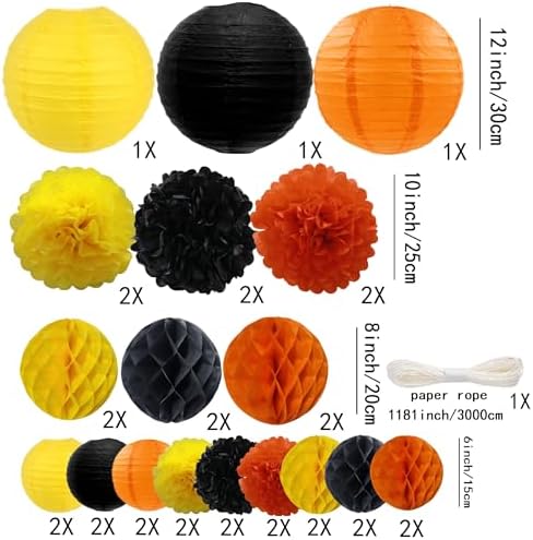 WOLHOWLTD ConstructionTheme Paper Decoration Set - 33 Pcs Paper Lanterns, Pompoms, Honeycomb for Construction Theme, Baby Shower, Rainbow Birthday Party Home Decoration(Yellow Black Orange) - Image 2