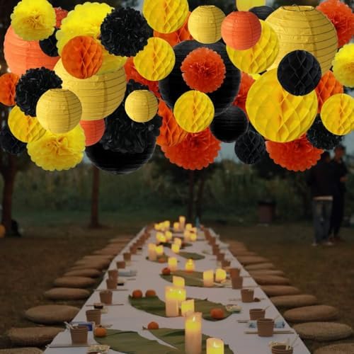 WOLHOWLTD ConstructionTheme Paper Decoration Set - 33 Pcs Paper Lanterns, Pompoms, Honeycomb for Construction Theme, Baby Shower, Rainbow Birthday Party Home Decoration(Yellow Black Orange) - Image 3