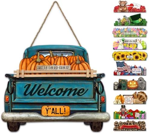 Interchangeable Welcome Sign for Front Door Blue Farmhouse Truck Decor Hanging Sign with 11 Interchangeable Seasonal and Holiday Decor Signs 12x14 in. (Blue Farmhouse Truck) by PARALLELDECOR