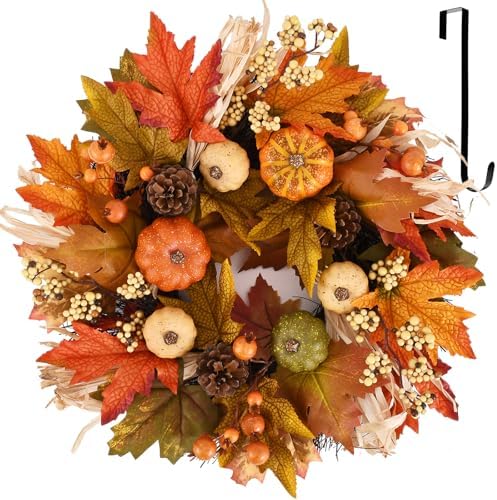 24 Inch Fall Wreaths for Front Door,Autumn Pumpkin Maple Wreath with Hanger by Antizz