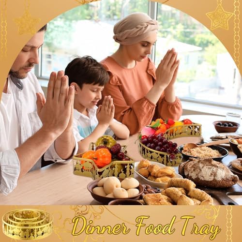 meekoo 5 Pcs Ramadan Serving Trays Eid Mubarak Round Crescent Moon Star Shaped Metal Food Trays Iron Platters for Serving Food Home Islamic Muslim Party Decoration Table (Gold,Castle Hollow Style) - Image 6