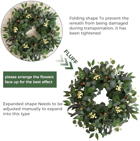 22-24" Eucalyptus Wreaths for Front Door,Spring Summer Fall Autumn Winter Wreaths,Large Eucalyptus Greenery Wreath with Olive Leaves Berries for Front Door Outdoor Farmhouse Decor All Seasons - Image 6