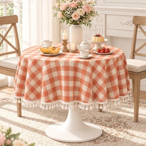 Fall Orange Gingham 60 Inch Round Tablecloth (Fits 30-48" Table) - Image 2