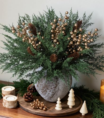 Faux Cedar Stems Artificial Norfolk Pine Branches for Christmas Decorations, 20 PCS Faux Pine Stems with Pinecones Gold Berries Branches Realistic Faux Greenery for Vases DIY Garland Xmas Table Indoor by Ivydale