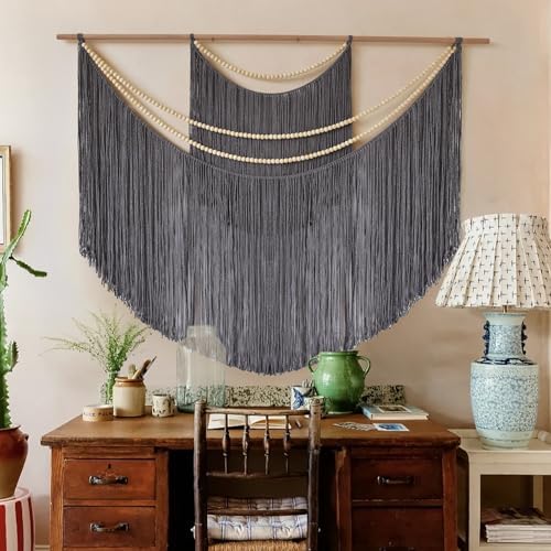 Jakalin Macrame Wall Hanging Grey Tapestry, Boho Home Decor 57" W x 46" L - Image 2