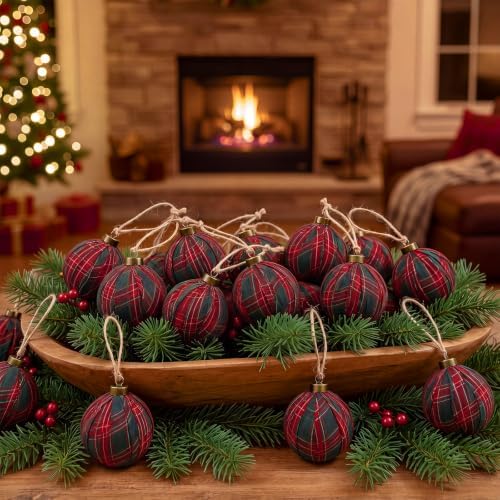 Hollowfly 24 Pcs 2.36 Inch Christmas Tartan Plaid Ball Ornaments Vintage Large Buffalo Plaid Balls Christmas Tree Hanging Ornament Rustic Ball Pendant Hanging Decor for Xmas Tree Party(Light Green) by Hollowfly