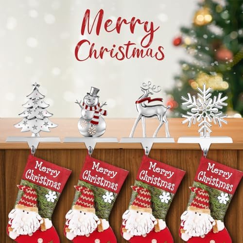 GUOER 4 Pack Snowflake Christmas Stocking Holder Set for Mantle Christmas Decorations Holiday Mantle Fireplace Topper - Snowflake Snowman Reindeer and Christmas Tree Hangers Decorative Metal Hanger - Image 5