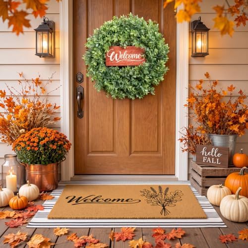 3 Pcs Summer Floral Door Mat and Wreaths for Front Door, 18 Inch Boxwood Wreath with Welcome Sign, Coir Mats Floor Layering Doormats Seasonal for Front Porch Entryway Decor by Unknown