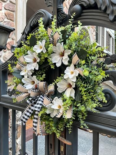 24 Inch Artificial Magnolia Wreath for Front Door – Farmhouse Boxwood Greenery Wreath with Buffalo Plaid Bow, Year-Round Rustic Home Wall Decor for Porch, Entryway, Living Room - Image 3