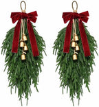 Christmas Teardrop Swag, Christmas Pine Needles Front Door Wreath,Bow Bells by CRCZK
