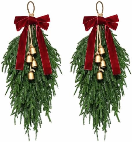 Christmas Teardrop Swag, Christmas Pine Needles Front Door Wreath,Bow Bells by CRCZK