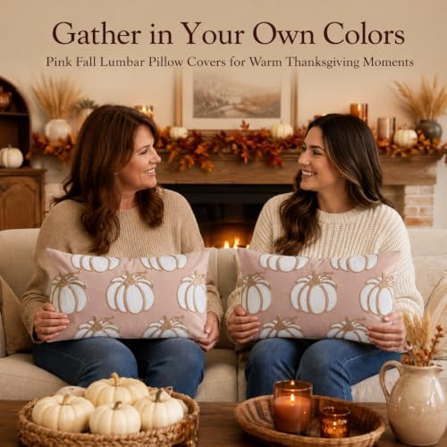 Set of 2 Embroidered Fall Throw Pillow Covers,12x20 Inch,Pink - Image 4
