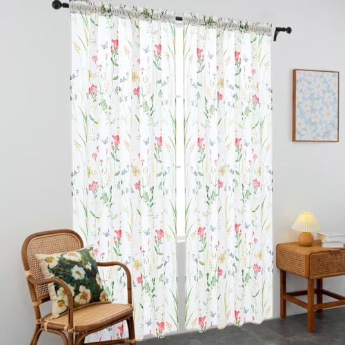 youleyar Floral Curtains 84 Inches Long for Living Room 2 Panels Printed Pattern Curtain Rod Pocket Spring Summer Watercolor Flowers/Leaves Window Drapes for Girls Bedroom, 52" W x 84" L - Image 7