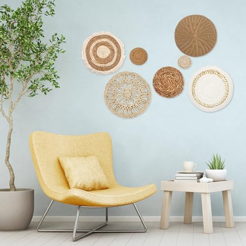 CODOHI Set of 7 Boho Wall Baskets, Wall Hanging Rattan Decor, Flat Round Woven Water Hyacinth Corn Husk Farmhouse Handmade Macrame Hanging Woven Baskets for Living Room Bedroom Dining Room Office - Image 4
