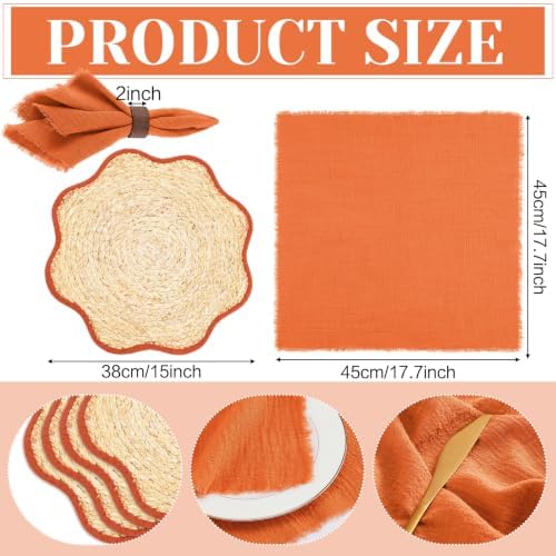 8 Set Boho Placemats with Table Runner, Scalloped Woven, Orange - Image 2
