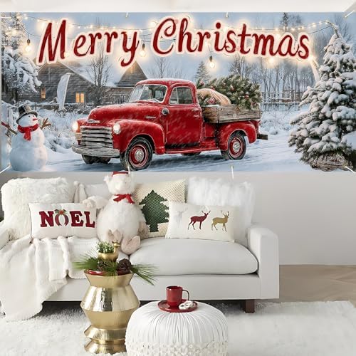 Christmas Garage Door Banner 6x13FT, Red Vintage Truck with Tree, Merry Christmas Garage Door Cover, Large Outdoor Xmas Decorations for Holiday Yard, House Front, Driveway & Winter Party Decor - Image 5