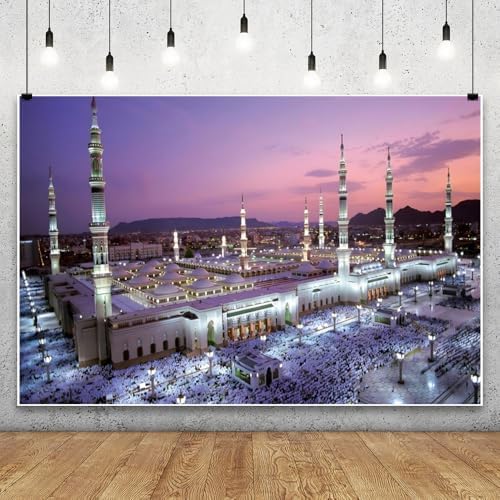 Leowefowa Mecca Mosque Backdrop 8x6ft Eid Mubarak Mosque Night View Photography Background Muslims Travel Historical Building Decorations Portraits Banner Photo Booth Props Vinyl - Image 5