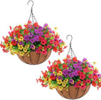 Hananona 2 Set Artificial Outdoor Flowers with Hanging Basket, 2 Hanging Planters with 24 Pcs Flowers for Spring Summer Front Porch Garden Patio Home Decor (2, Red, Purple, Yellow, Rose Red) by HANANONA