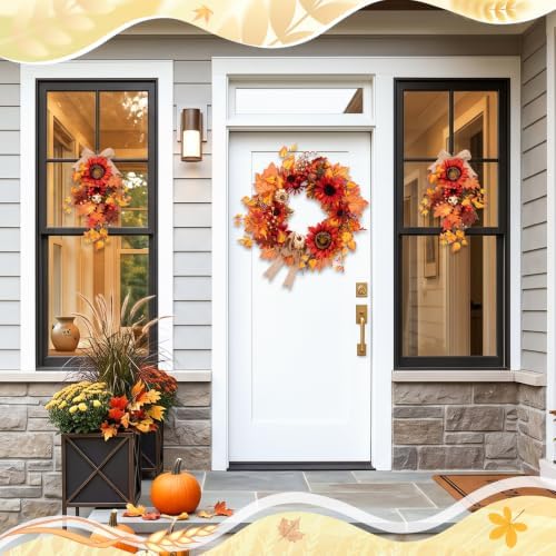Fall Teardrop Swag Wreath, 3 Pack, 22" Artificial Pumpkin Flower - Image 3