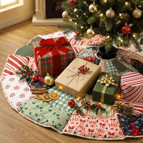 Junkin 48" Quilted Christmas Tree Skirt Colorful Patchwork Vintage - Image 6