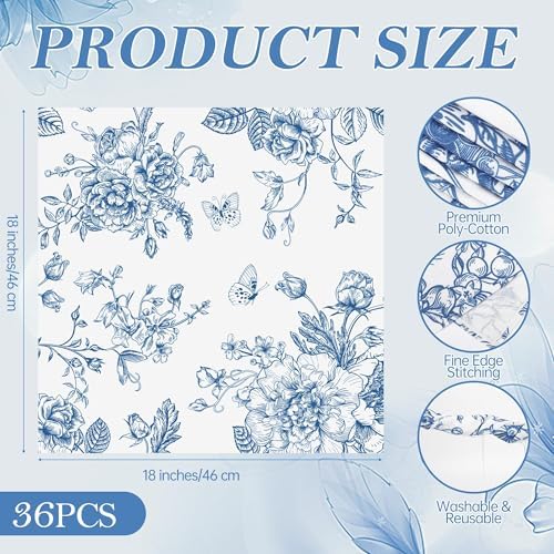 Kochorie 36 Pieces Blue Floral Cloth Napkins, 18 x 18 Inch Reusable Soft Fabric Napkins, Washable Flower Dinner Cocktail Napkin for Spring Summer Tea Party Holiday Home Kitchen Wedding Restaurant - Image 2