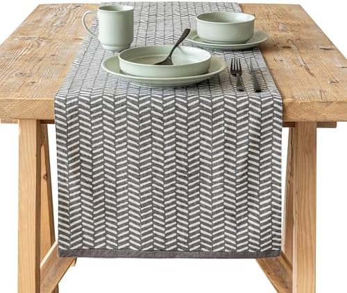 over&back 18x108 Hand-Blocked Printed Cotton Table Runner - Washable Table Runners for a Custom Home Decor Tablescape - Perfect for Coffee Table, Dinner Table, Living Room, and More - Grey Herringbone by overback