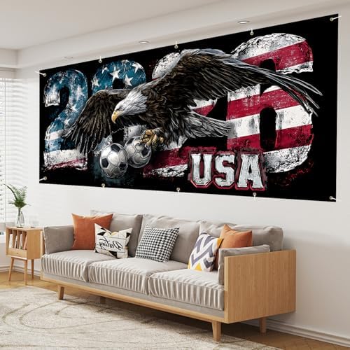 Soccer Garage Door Banner Decorations, 7x16ft Large Ameri can Flag Bald Eagle Football Mural, USA Soccer Cup Outdoor Decor for Double Garage Door, 2026 Tournament Party Supplies Wall Backdrop - Image 7