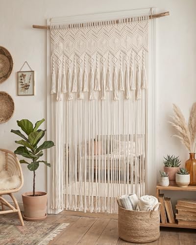 BECHAEO Boho Handmade Macrame Curtain with Tassels, 1PC 39" x 79" White A by BECHAEO