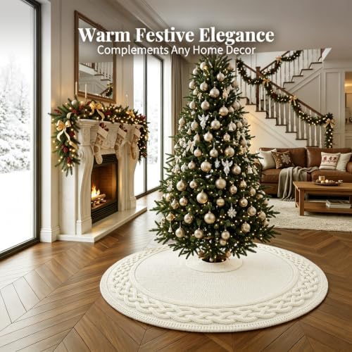VOXOR 60 Inch Christmas Tree Skirt, Extra Large Chunky Knitted Tree Skirt with Bow Tie Closure, Cream Vintage Tree Skirts for 9 & 10 Feet Trees, Farmhouse Christmas Decorations for Home Living Room - Image 4